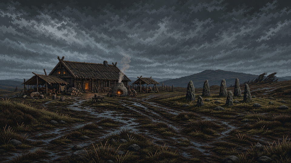 A lonely Hearthhold beneath a stormy moorland sky