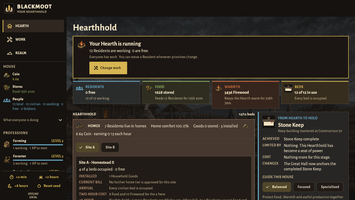 Blackmoot private Alpha Hearthhold screen showing residents, stores, work and settlement progress